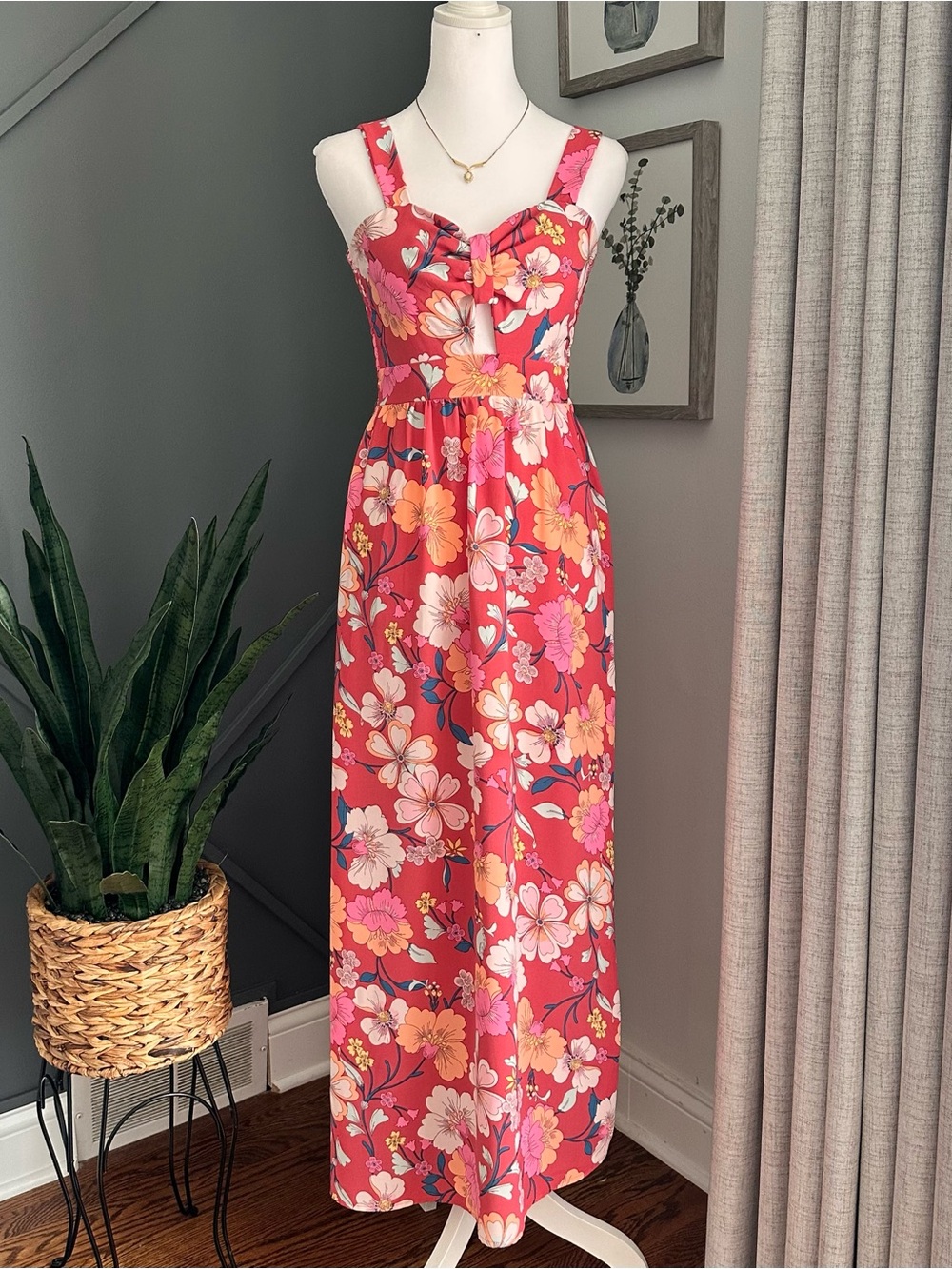 Monteau Coral Pink Floral Smocked Maxi Dress